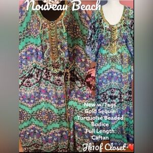🌹NWT NOUVEAU BEACH GOLD SEQUIN & BEADED BODICE CAFTAN DRESS